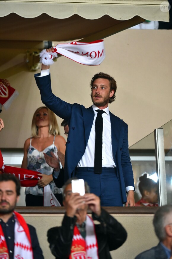 Pierre Casiraghi exulte lors de la victoire (2-0, contre l'AS Saint-Etienne) et du sacre de l'AS Monaco, sacré champion de France le 17 mai 2017 au Stade Louis-II © Bruno Bebert/Bestimage