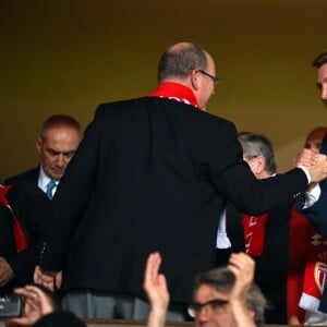 Le pricne Albert II de Monaco et Pierre Casiraghi en liesse lors de la victoire (2-0, contre l'AS Saint-Etienne) et du sacre de l'AS Monaco, sacré champion de France le 17 mai 2017 au Stade Louis-II © Bruno Bebert/Bestimage