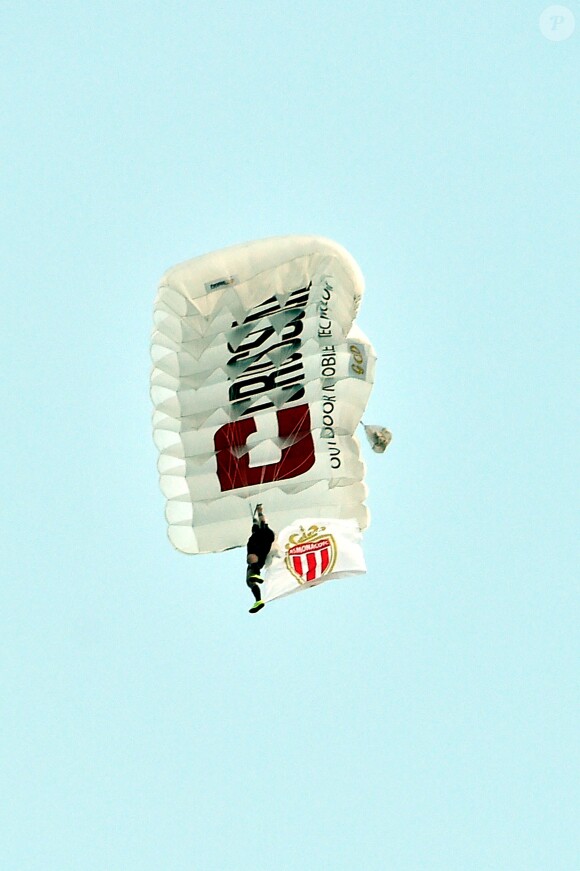 Le ballon de la rencontre est arrivé par les airs durant la rencontre de football de Ligue 1 opposant Monaco à St Etienne au stade Louis II à Monaco le 17 mai 2017. Monaco remporte le match par 2 à 0 et le championnat. L'ASM est sacrée sur sa pelouse à un match de la fin de la saison 2016 / 2017. © Bruno Bebert/Bestimage