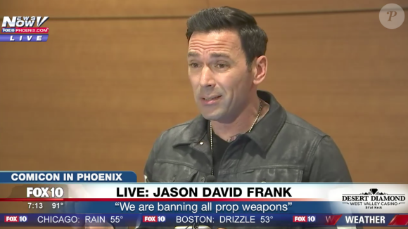 Jason David Frank en conférence de presse au Comic Con de Phoenix après l'arrestation jeudi 25 mai d'un homme qui voulait l'assassiner. (conférence de presse organisée le vendredi 26 mai 2017).