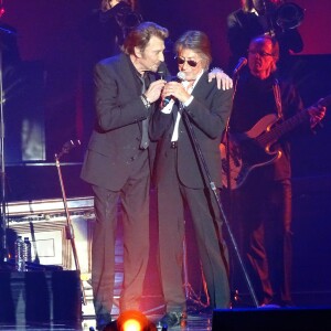 Johnny Hallyday et Jacques Dutronc au Premier concert "Les Vieilles Canailles" au POPB de Paris-Bercy à Paris, du 5 au 10 novembre 2014.