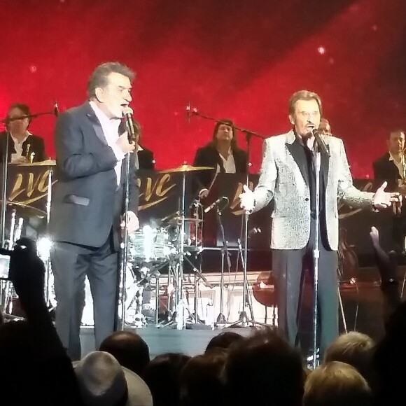 Eddy Mitchell, Johnny Hallyday et Jacques Dutronc au Premier concert "Les Vieilles Canailles" au POPB de Paris-Bercy à Paris, du 5 au 10 novembre 2014.