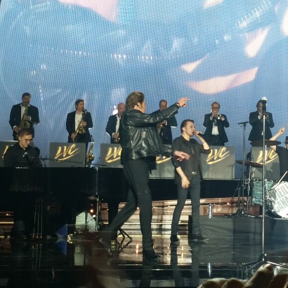 Eddy Mitchell, Johnny Hallyday et Jacques Dutronc lors du Premier concert "Les Vieilles Canailles" au POPB de Paris-Bercy à Paris, du 5 au 10 novembre 2014.