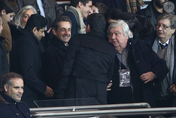 Manuel Valls, Nasser Al-Khelaïfi, Nicolas Sarkozy, Louis Nicollin au match PSG-Montpellier 19ème journée au Parc des Princes, le 20 décembre 2014.