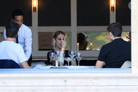 Céline Dion dîne avec deux amis au restaurant "Loulou", au musée des Arts Décoratifs à Paris le 7 juillet 2017.