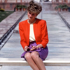 La princesse Diana posant seule devant le Taj Mahal le 13 février 1992.