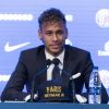Neymar Jr en conférence de presse au Parc des Princes pour son entrée au club de football PSG (Paris Saint-Germain). Le 4 août 2017 © Pierre Perusseau / Bestimage