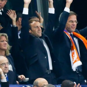 Le président de la FFF Noël le Graët, le président de la République française Emmanuel Macron, le Premier ministre des Pays-Bas Mark Rutte et le Premier Ministre Edouard Philippe - Célébrités lors du match pour les éliminatoires de la Coupe du Monde 2018, France - Pays-Bas au Stade de France à Saint-Denis, le 31 août 2017. La France a gagné 4-0. © Agence/Bestimage