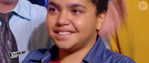 Valentin en larmes après sa prestation dans "The Voice Kids 4" (TF1), numéro diffusé le 9 septembre 2017.
