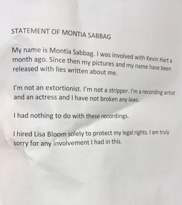 Lettre publique de Lisa Bloom, l'avocate de Montia Sabbag concernant le scandale de la sextape avec Kevin Hart, le 20 septembre 2017.