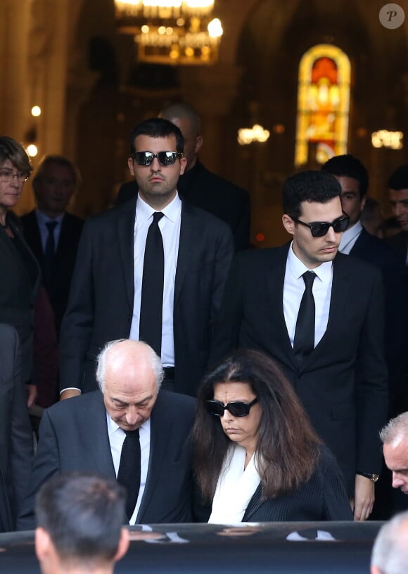 Jean-Pierre Meyers et sa femme Françoise Bettencourt Meyers et Jean-Victor Meyers - Sorties des obsèques de Liliane Bettencourt en l'église Saint-Pierre de Neuilly-sur-Seine le 26 septembre 2017.