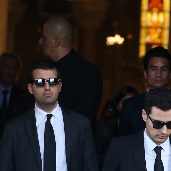 Jean-Pierre Meyers et sa femme Françoise Bettencourt Meyers et Jean-Victor Meyers - Sorties des obsèques de Liliane Bettencourt en l'église Saint-Pierre de Neuilly-sur-Seine le 26 septembre 2017.