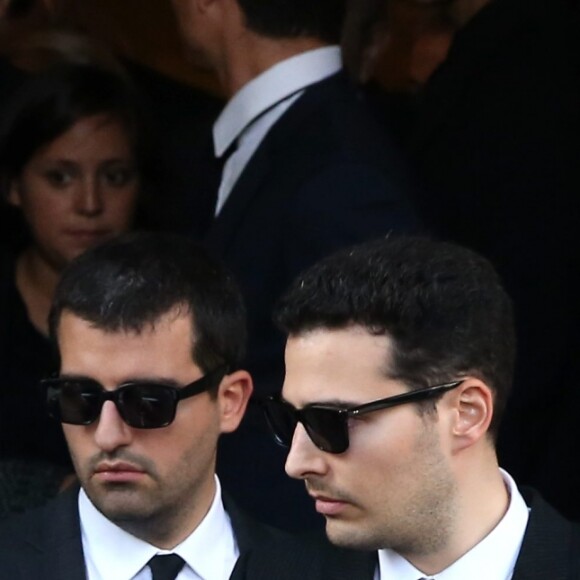 Jean-Pierre Meyers et sa femme Françoise Bettencourt Meyers et Jean-Victor Meyers - Sorties des obsèques de Liliane Bettencourt en l'église Saint-Pierre de Neuilly-sur-Seine le 26 septembre 2017.