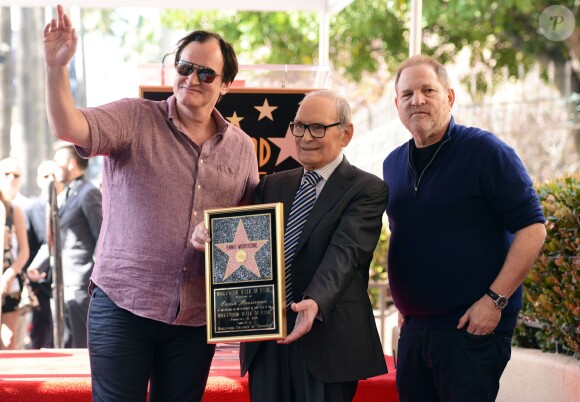Harvey Weinstein, Quentin Tarantino et Ennio Morricone - Ennio Morricone reçoit son étoile sur le "Walk of Fame" à Hollywood le 26 février 2016.