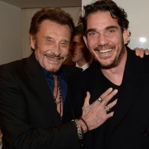 Exclusif - Johnny Hallyday et Sébastien Farran - Le joaillier Aaron Jah Stone et l'artiste Kongo ont présenté une nouvelle collection qui allie Street Art et Joaillerie chez Montaigne Market à Paris le 4 mars 2016.