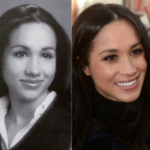 Meghan Markle à 18 ans en 1999 au lycée Immaculate Heart à Los Angeles, et à 36 ans à Nottingham le 1er décembre 2017 lors de sa première mission royale avec le prince Harry après l'annonce de leurs fiançailles.