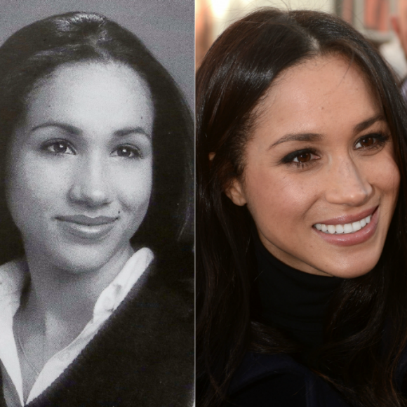 Meghan Markle à 18 ans en 1999 au lycée Immaculate Heart à Los Angeles, et à 36 ans à Nottingham le 1er décembre 2017 lors de sa première mission royale avec le prince Harry après l'annonce de leurs fiançailles.