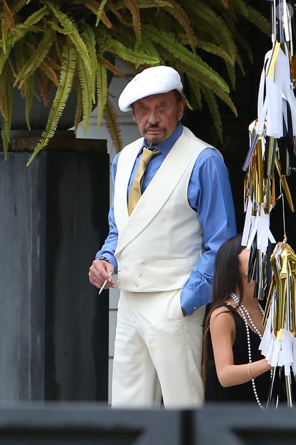 Exclusif - Johnny Hallyday habillé en Gatsby le Magnifique le 13 juin 2015 - Los Angeles
