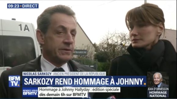 Nicolas Sarkozy et Carla Bruni se sont recueillis devant la dépouille de Johnny Hallyday au funérarium du Mont-Valérien dans les Haut-de-Seine, vendredi 8 décembre 2017.