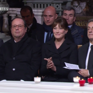 Julie Gayet, François Hollande, Carla Bruni, Nicolas Sarkozy aux obsèques de Johnny Hallyday à Paris. Le 9 décembre 2017.
