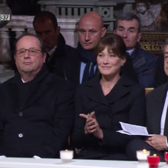 Julie Gayet, François Hollande, Carla Bruni, Nicolas Sarkozy aux obsèques de Johnny Hallyday à Paris. Le 9 décembre 2017.