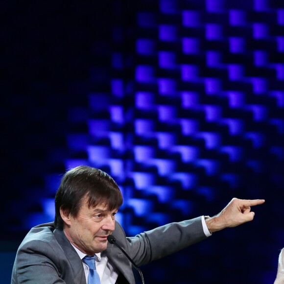 Nicolas Hulot, ministre de la Transition écologique et solidaire et Marion Cotillard au sommet pour le climat à la Seine Musicale sur l'île Seguin à Paris le 12 décembre 2017 © Stephane Lemouton / Bestimage