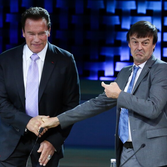 Cyrielle Hariel, Arnold Schwarzenegger et Nicolas Hulot, ministre de la Transition écologique et solidaire au sommet pour le climat à la Seine Musicale sur l'île Seguin à Paris le 12 décembre 2017 © Stephane Lemouton / Bestimage