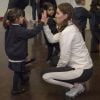 La duchesse Catherine de Cambridge, enceinte de six mois, était en visite le 17 janvier 2018 à l'école primaire Bond à Mitcham, dans le sud-ouest de Londres, pour observer le travail de la "Wimbledon Junior Tennis Initiative".