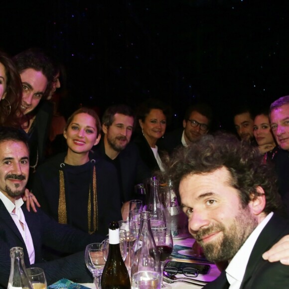 Exclusif - Maxime de Rostolan, José Garcia (parrain de la fondation Akuo), Guillaume Canet, Hélène Médigue, Marion Cotillard, Laurent Fabius, Jean-Louis Borloo et Cyril Dion - Dîner de gala de la fondation Akuo suivi d'un concert privé de M.Chedid avec le collectif LAMOMALI au cabaret Lido, à Paris, France, le 17 janvier 2018. La Fondation Akuo entreprend et soutient des projets de développement durable sociaux et environnementaux.Elle offre à ses partenaires la possibilité de s'engager à ses côtés, en faveur de populations défavorisées en France et dans le monde entier. La mission de la Fondation Akuo se décline en 4 domaines d'intervention: donner accès à des sources d'énergies renouvelables continues et durablement compétitives, donner accès à l'éducation et à la connaissance, donner accès à l'eau et aux services de santé et préserver l'environnement et la biodiversité. © Denis Guignebourg/Bestimage