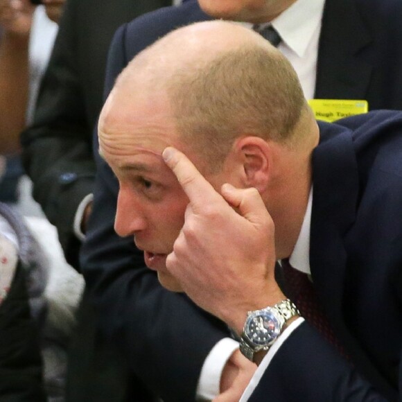 Le prince William, duc de Cambridge, avait le crâne rasé le 18 janvier 2018 lors de sa visite à l'hôpital pour enfants Evelina, à Londres.