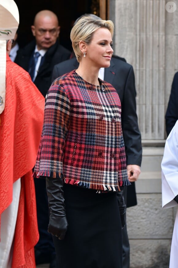 La princesse Charlene et le prince Albert II de Monaco à la sortie de la messe à l'occasion de la célébration de Sainte Dévote à Monaco. Le 27 janvier 2018 © Bruno Bebert / Bestimage