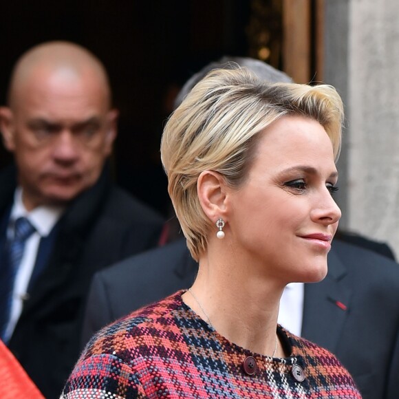 La princesse Charlene et le prince Albert II de Monaco à la sortie de la messe à l'occasion de la célébration de Sainte Dévote à Monaco. Le 27 janvier 2018 © Bruno Bebert / Bestimage