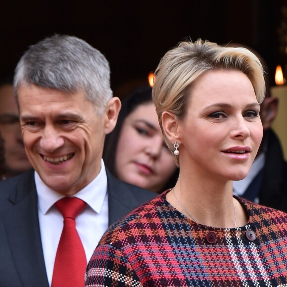 La princesse Charlene et le prince Albert II de Monaco à la sortie de la messe à l'occasion de la célébration de Sainte Dévote à Monaco. Le 27 janvier 2018 © Bruno Bebert / Bestimage