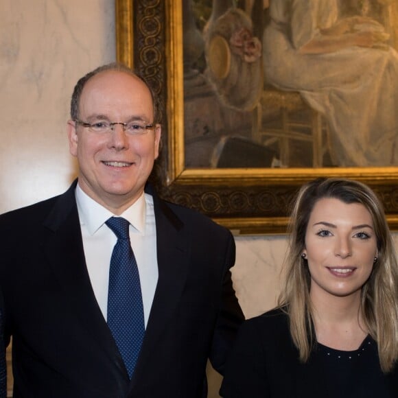 Exclusif - Oriane Mancini (Public Sénat) et le prince Albert II de Monaco le 31 janvier 2018 au Sénat à Paris en marge de l'émission "Le Journal des Territoires" présentée par Cyril Viguier sur la chaîne Public Sénat, dont le souverain monégasque était l'invité en direct. © Cyril Moreau/Bestimage