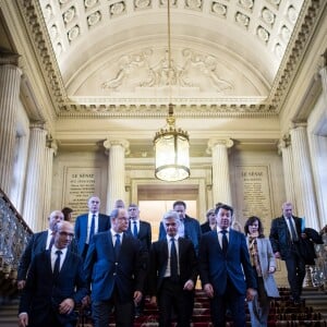 Exclusif - Emmanuel Kessler (président de la chaîne Public Sénat) , le prince Albert II de Monaco, Cyril Viguier, Christian Estrosi (invité de l'émission "Les matins du Sénat" présentée par C.Viguier) le 31 janvier 2018 au Sénat à Paris en marge de l'émission "Le Journal des Territoires" présentée par Cyril Viguier sur la chaîne Public Sénat, dont le souverain monégasque était l'invité en direct. © Cyril Moreau/Bestimage