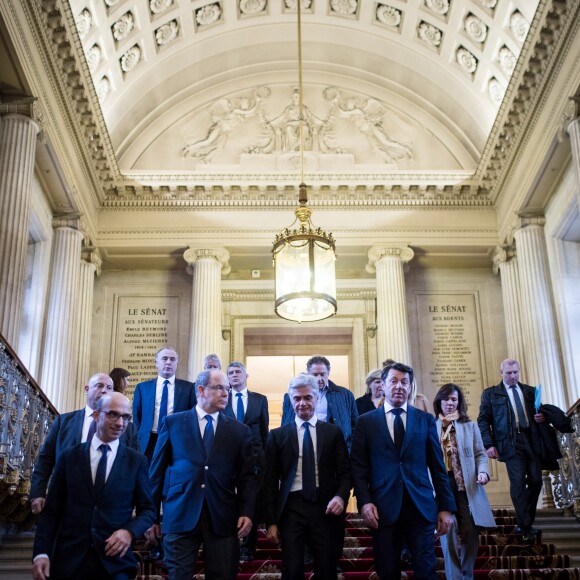 Exclusif - Emmanuel Kessler (président de la chaîne Public Sénat) , le prince Albert II de Monaco, Cyril Viguier, Christian Estrosi (invité de l'émission "Les matins du Sénat" présentée par C.Viguier) le 31 janvier 2018 au Sénat à Paris en marge de l'émission "Le Journal des Territoires" présentée par Cyril Viguier sur la chaîne Public Sénat, dont le souverain monégasque était l'invité en direct. © Cyril Moreau/Bestimage