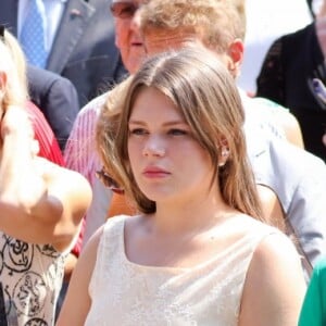 La princesse Stéphanie de Monaco entourée de ses enfants Louis Ducruet, Camille Gottlieb et Pauline Ducruet lors des célébrations des 10 ans de règne du prince Albert II de Monaco à Monaco, le 11 juillet 2015.