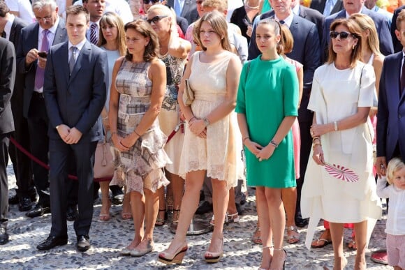 La princesse Stéphanie de Monaco entourée de ses enfants Louis Ducruet, Camille Gottlieb et Pauline Ducruet lors des célébrations des 10 ans de règne du prince Albert II de Monaco à Monaco, le 11 juillet 2015.
