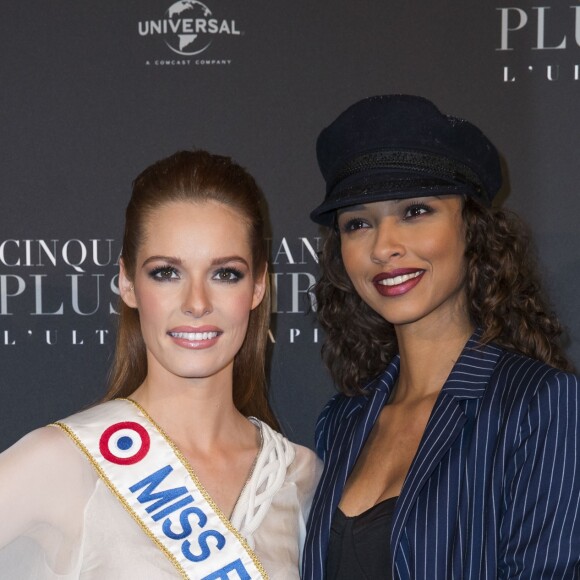 Maëva Coucke, Miss France 2018, Miss France 2014 Flora Coquerel - Avant-première mondiale de " 50 nuances plus claires " à la salle Pleyel à Paris le 6 février 2018. © Borde / Vigerie / Bestimage