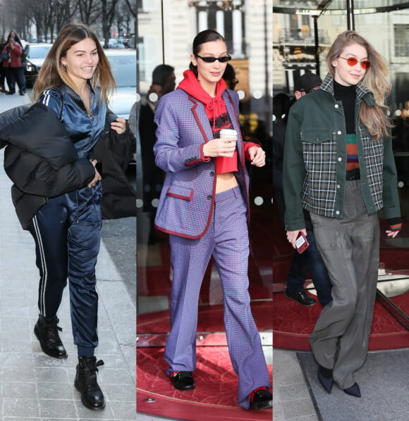Thylane Blondeau, Bella et Gigi Hadid quittent le Royal Monceau à Paris. Février 2018.