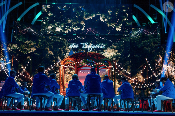 La troupe des Enfoirés à l'occasion du spectacle "Musique !" joué au Zénith de Starsbourg en janvier 2018.