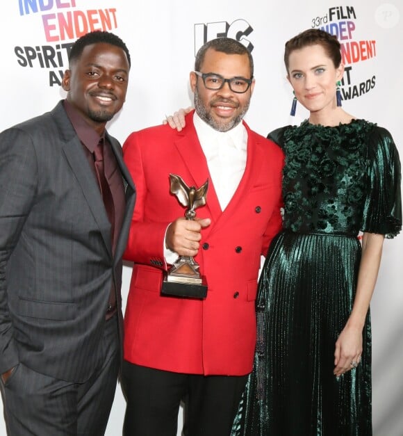 Daniel Kaluuya, Jordan Peele, Allison Williams à la press room du 33e Independent Spirit Awards à Santa Monica, le 3 février 2018