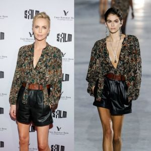 Charlize Theron habillée en Saint Laurent (collection printemps-été 2018), une tenue portée par Kaia Gerber lors du défilé de la marque.