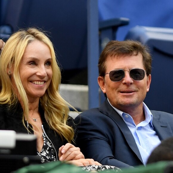 Michael J. Fox et sa femme Tracy Pollan dans les tribunes lors d'un match du US open à New York, le 9 septembre 2017.