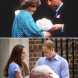  A 31 ans d'intervalle, à la sortie de la maternité de l'aile Lindo de l'hôpital St Mary à Londres : la princesse Diana et le prince Charles avec leur fils le prince William de Galles, le 22 juin 1982, et Kate Middleton et le prince William avec leur fils le prince George de Cambridge, le 23 juillet 2013. 