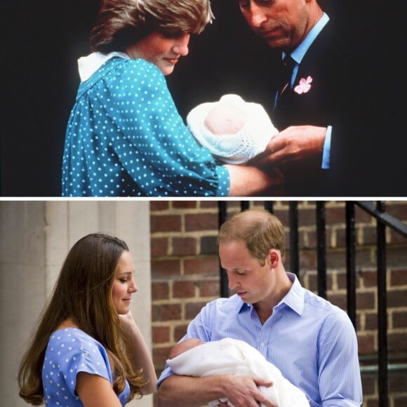 A 31 ans d'intervalle, à la sortie de la maternité de l'aile Lindo de l'hôpital St Mary à Londres : la princesse Diana et le prince Charles avec leur fils le prince William de Galles, le 22 juin 1982, et Kate Middleton et le prince William avec leur fils le prince George de Cambridge, le 23 juillet 2013.