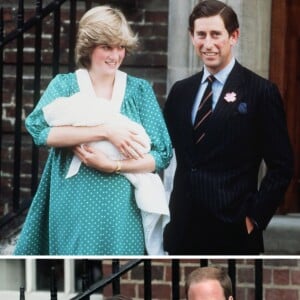 A 31 ans d'intervalle, à la sortie de la maternité de l'aile Lindo de l'hôpital St Mary à Londres : la princesse Diana et le prince Charles avec leur fils le prince William de Galles, le 22 juin 1982, et Kate Middleton et le prince William avec leur fils le prince George de Cambridge, le 23 juillet 2013.