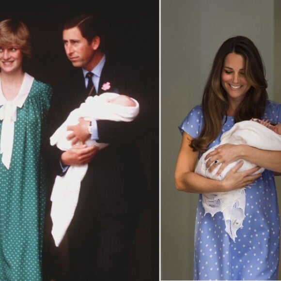 A 31 ans d'intervalle, à la sortie de la maternité de l'aile Lindo de l'hôpital St Mary à Londres : la princesse Diana et le prince Charles avec leur fils le prince William de Galles, le 22 juin 1982, et Kate Middleton et le prince William avec leur fils le prince George de Cambridge, le 23 juillet 2013.