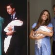  A 31 ans d'intervalle, à la sortie de la maternité de l'aile Lindo de l'hôpital St Mary à Londres : la princesse Diana et le prince Charles avec leur fils le prince William de Galles, le 22 juin 1982, et Kate Middleton et le prince William avec leur fils le prince George de Cambridge, le 23 juillet 2013. 