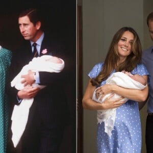 A 31 ans d'intervalle, à la sortie de la maternité de l'aile Lindo de l'hôpital St Mary à Londres : la princesse Diana et le prince Charles avec leur fils le prince William de Galles, le 22 juin 1982, et Kate Middleton et le prince William avec leur fils le prince George de Cambridge, le 23 juillet 2013.